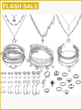 37-Piece Silver Jewelry Set with Necklaces, Bracelets, Earrings, Rings